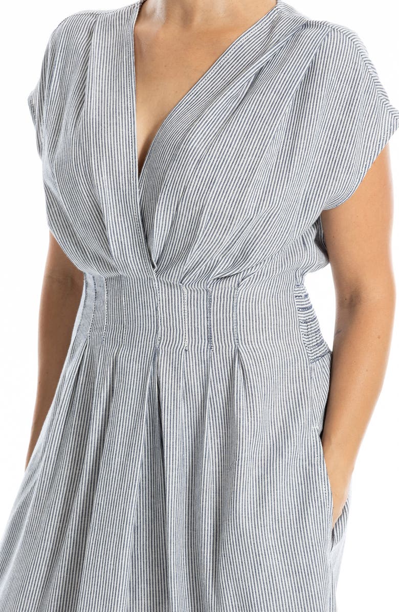 MAX STUDIO Stripe Cap Sleeve Front Tuck Midi Dress, Alternate, color, Navy/ White Mini Stripe