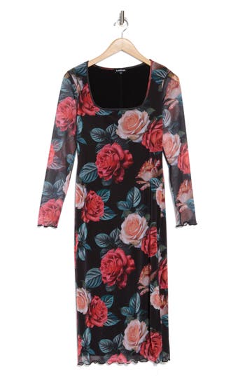 BEBE BEBE SQUARE NECK LONG SLEEVE MESH DRESS 