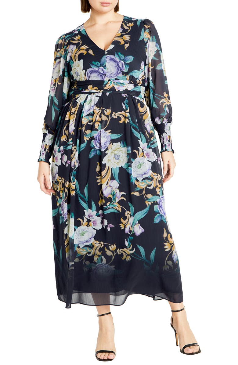 City Chic Nadia Floral Print Long Sleeve Maxi Dress, Main, color, Navy Floral Print