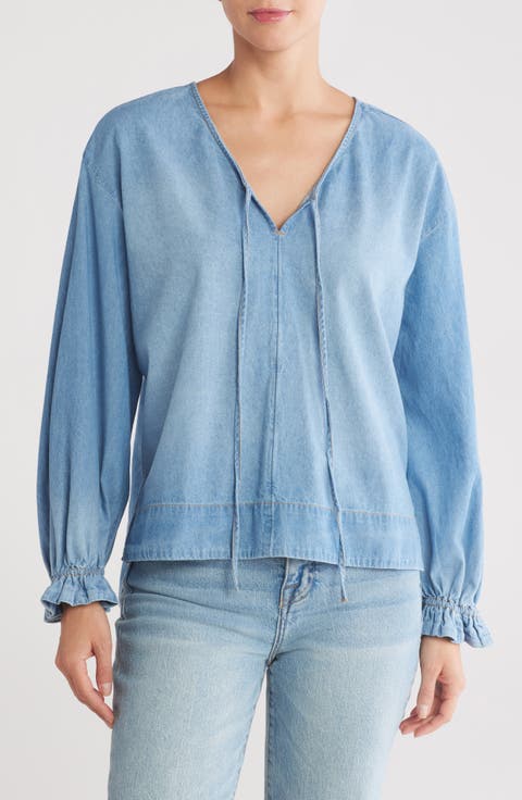Tie Neck Cotton Chambray Top