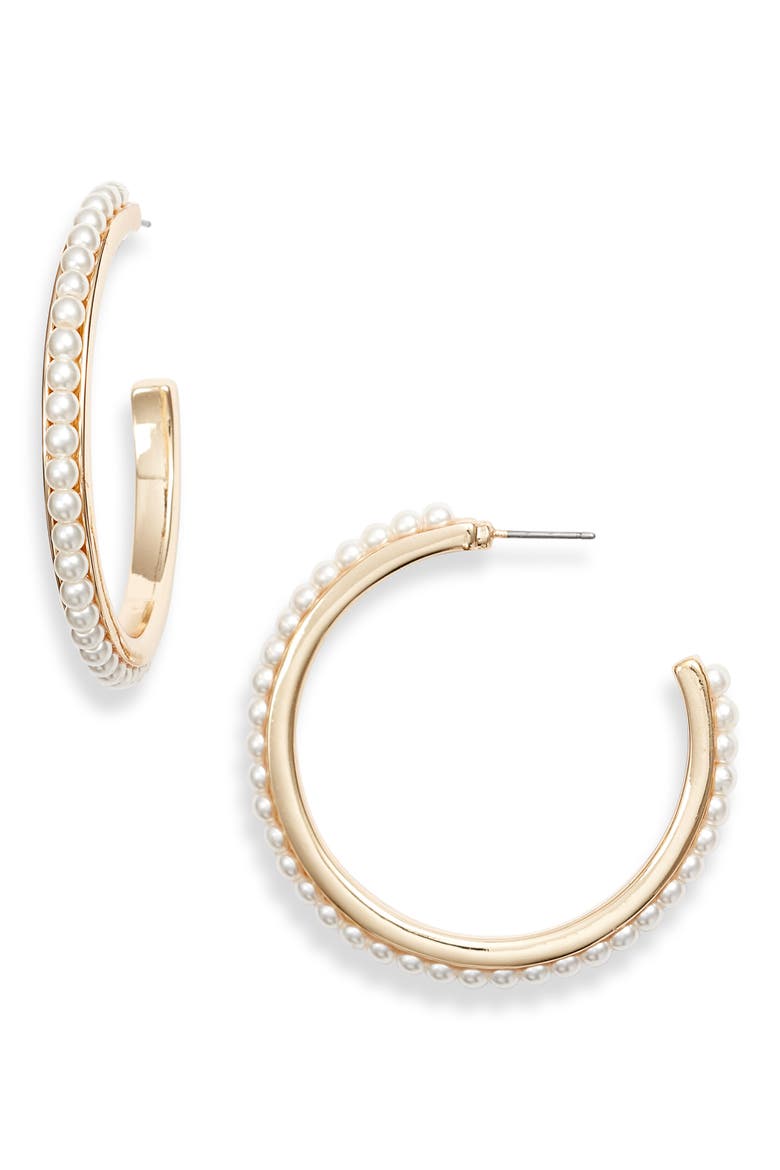 Imitation Pearl Hoop Earrings, Main, color, WHITE- GOLD