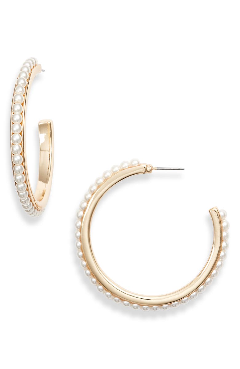 Rachel Parcell Imitation Pearl Hoop Earrings, Main, color, 