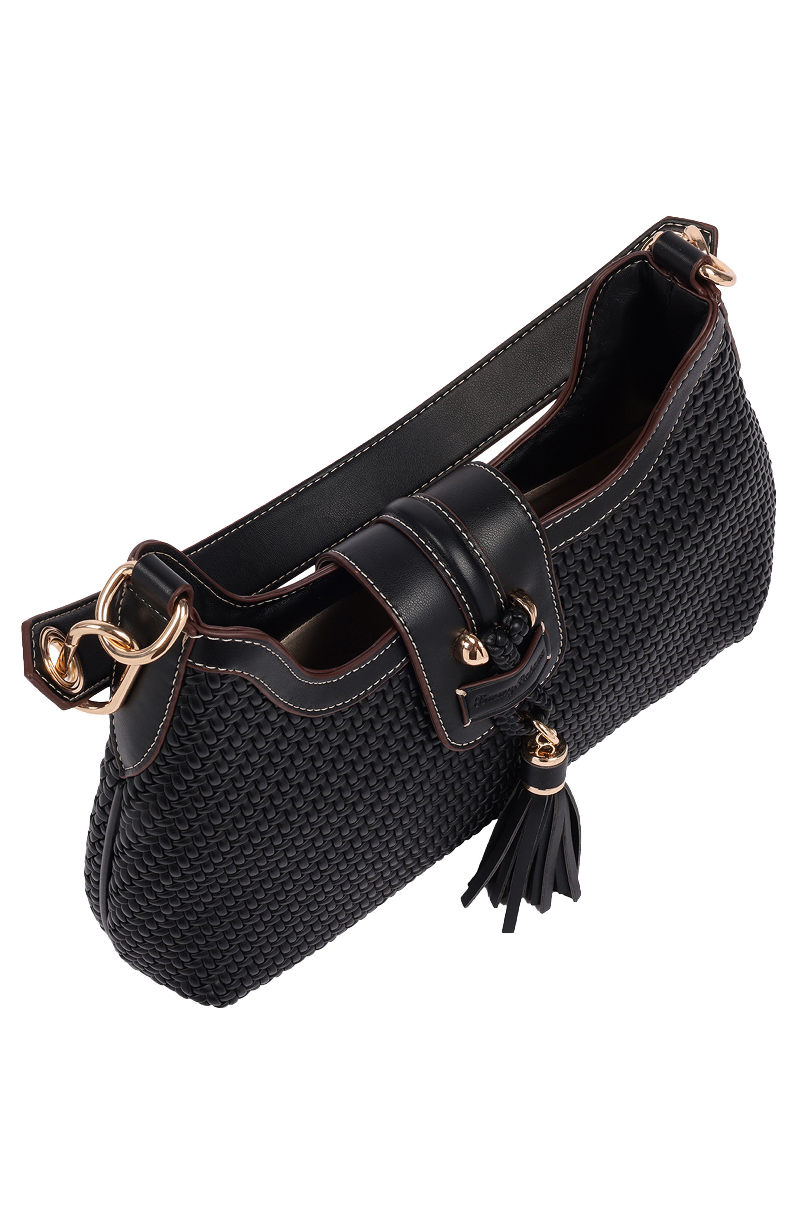 Tassel Tab Woven Faux Leather Hobo, Alternate, color, BLACK