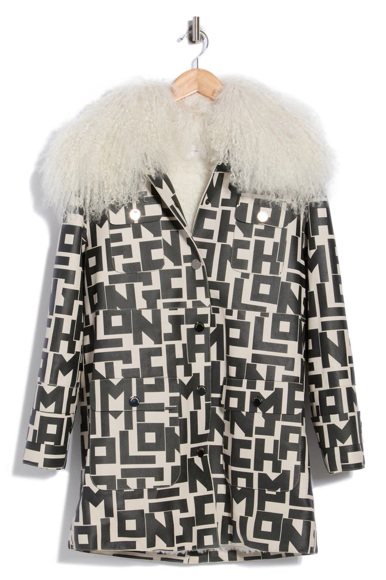 Genuine Shearling Collar Logo Print Leather Coat, Alternate, color, CHALK