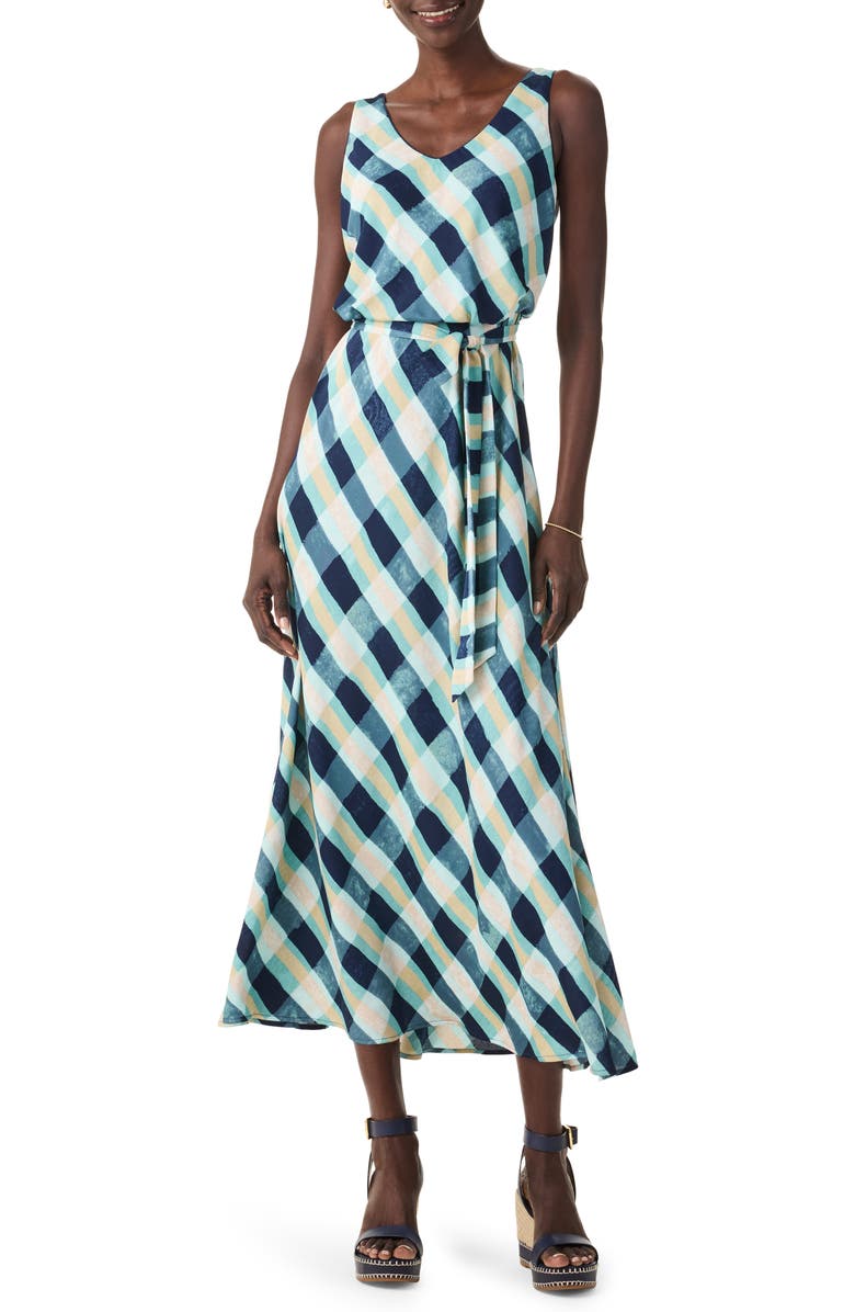 NIC+ZOE Bianca Plaid Tie Waist Sleeveless Dress, Main, color, Aqua Multi