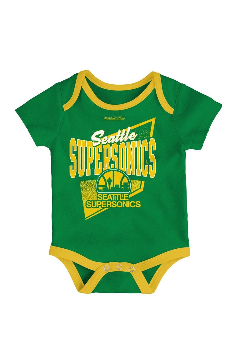 Mitchell & Ness Infant Mitchell & Ness Green/Gold Seattle SuperSonics Hardwood Classics Bodysuits & Cuffed Knit Hat Set, Alternate, color,