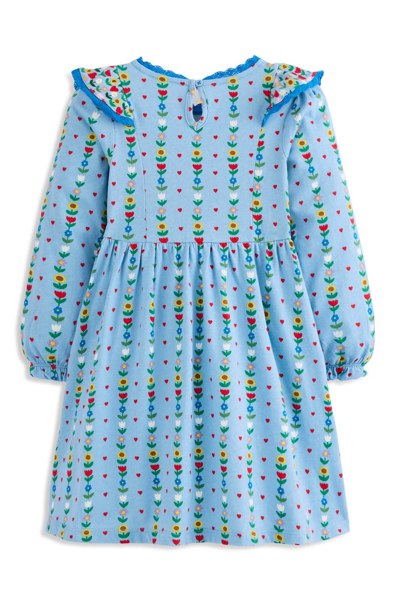 Kids' Print Long Sleeve Cotton Knit Ruffle Dress, Alternate, color, GLACIER BLUE GARDEN STRIPE