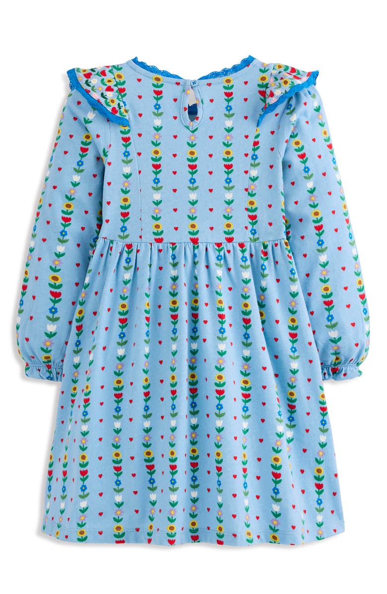Mini Boden Kids' Print Long Sleeve Cotton Knit Ruffle Dress, Alternate, color, Glacier Blue Garden Stripe