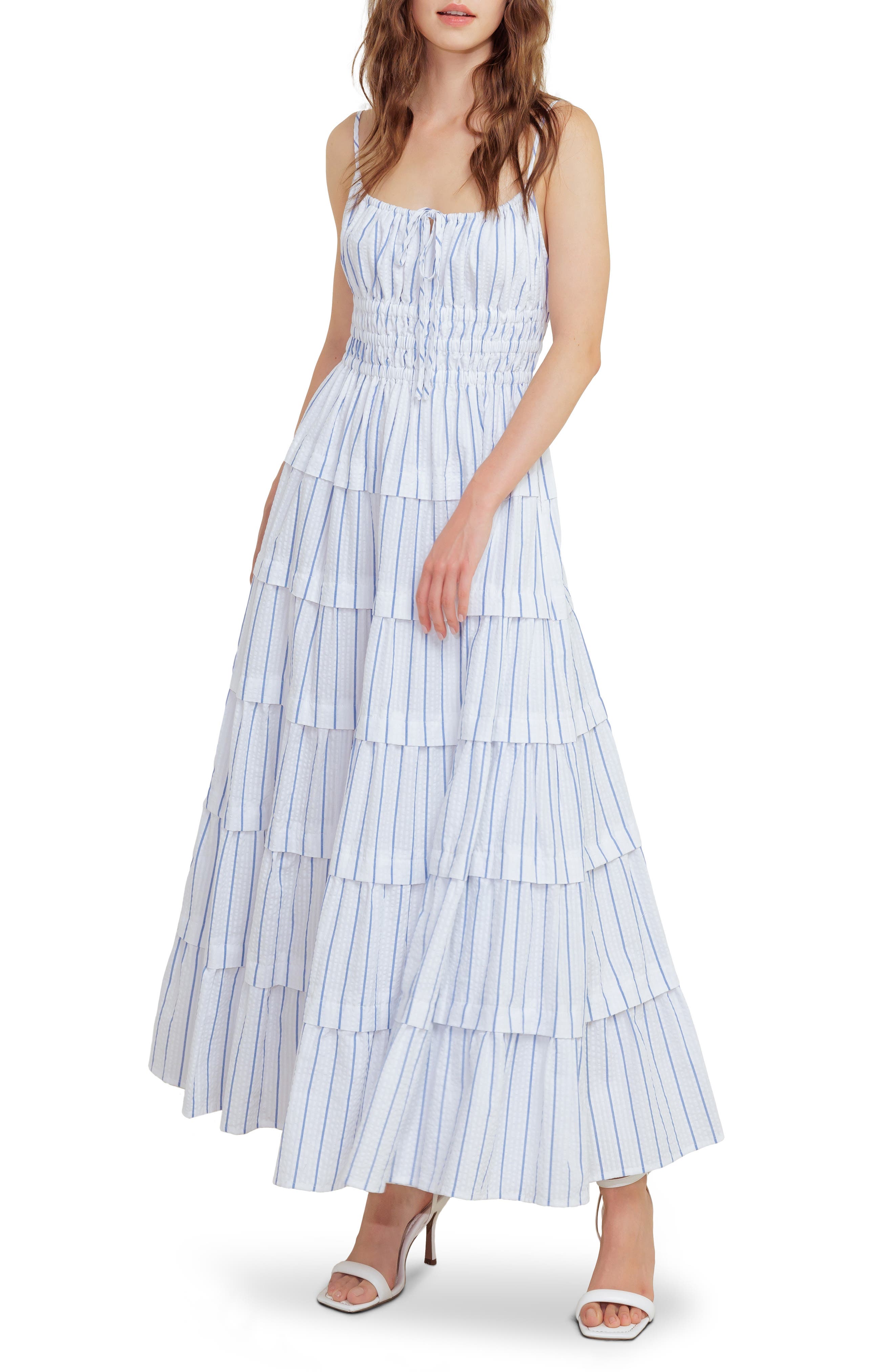 FREEMARKET Cutout Tiered Sleeveless Maxi Dress in White/Blue 