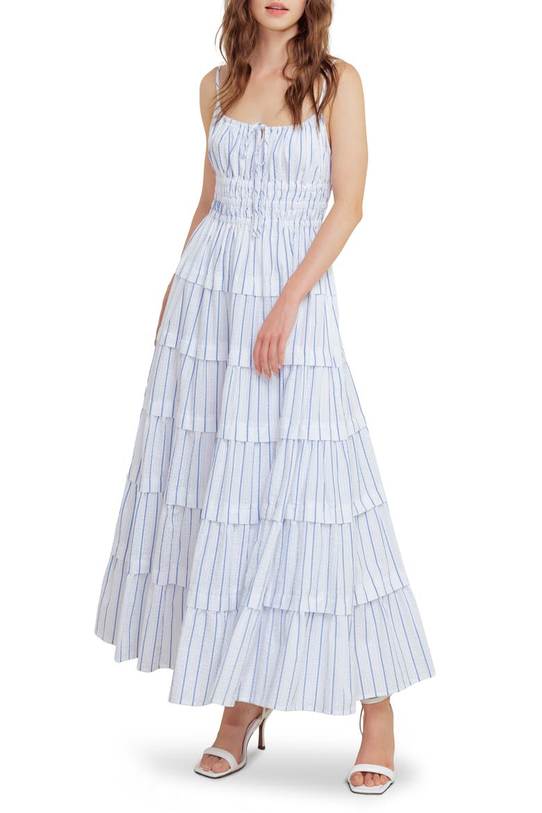Cutout Tiered Sleeveless Maxi Dress, Main, color, WHITE/ BLUE