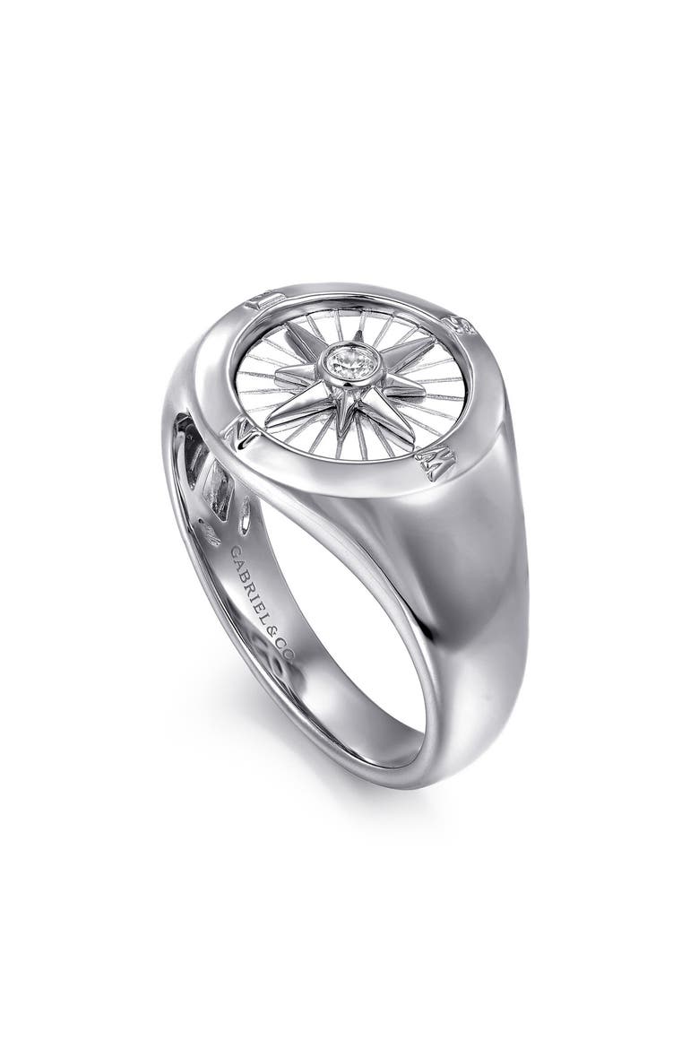 Polaris Sterling Silver Diamond Compass Signet Ring, Alternate, color, STERLING SILVER