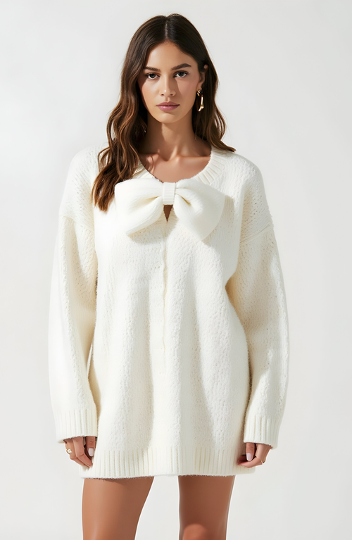 Modenaire Oversized Knit Sweater Dress With Statement Bow And Ribbed Trim In White