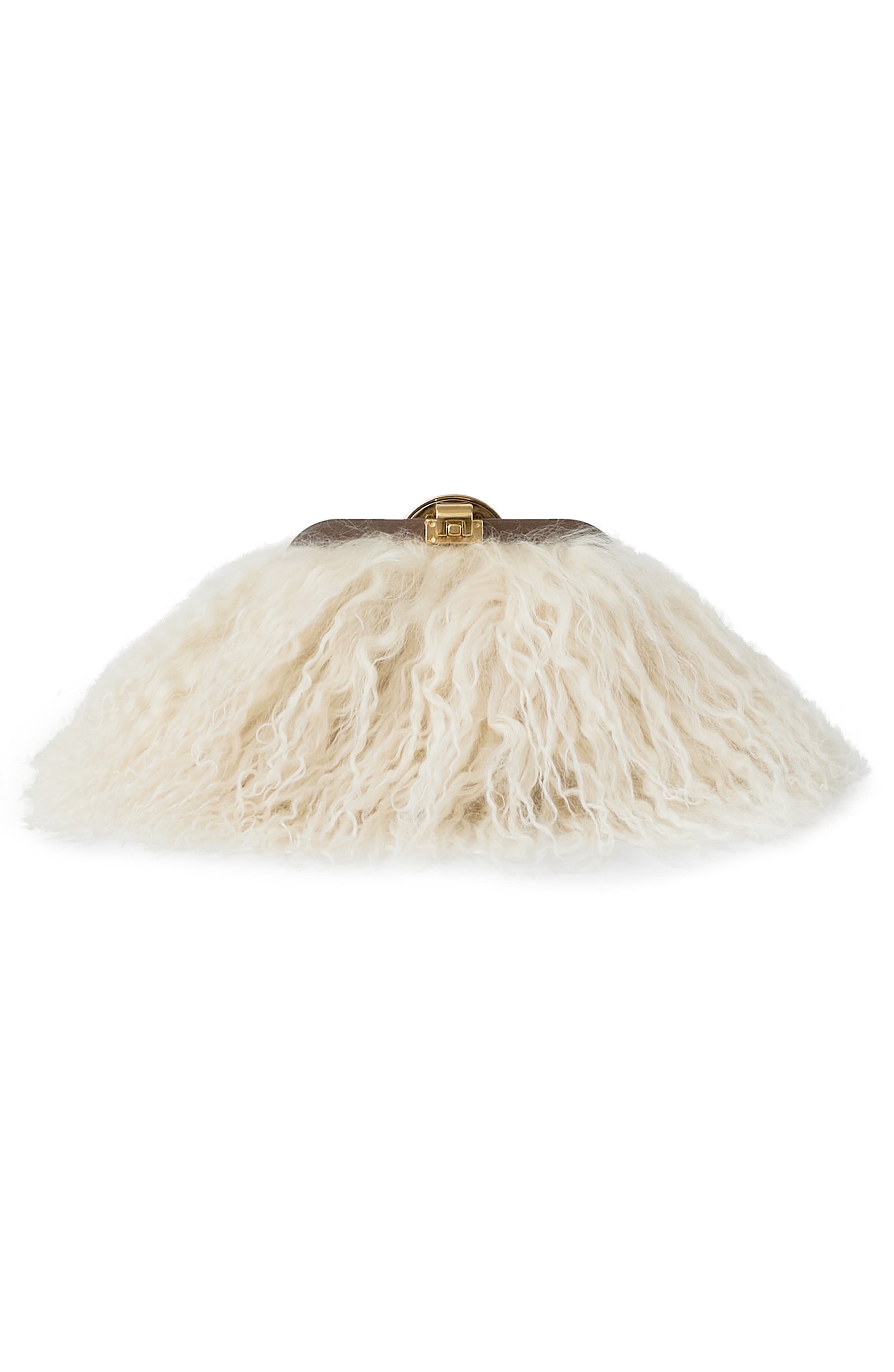 Full Circle Mini Frame Chain Shearling & Leather Crossbody Bag, Alternate, color, NATURAL MONGOLIAN SHEARLING