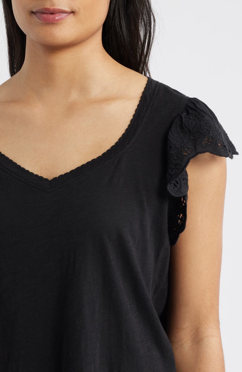 Wit & Wisdom Eyelet Flutter Sleeve Jersey T-Shirt, Alternate, color, Black/ Black