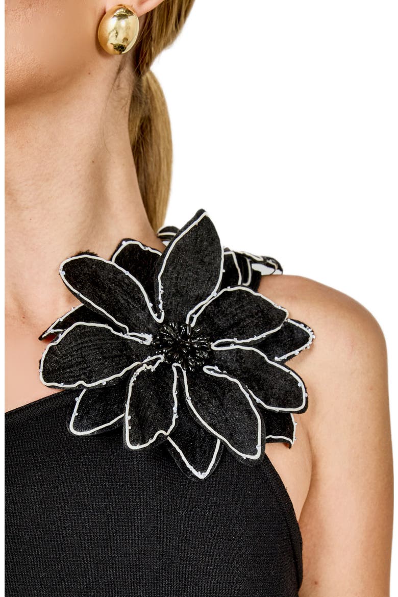 Flower One-Shoulder Knit Maxi Dress, Alternate, color, BLACK