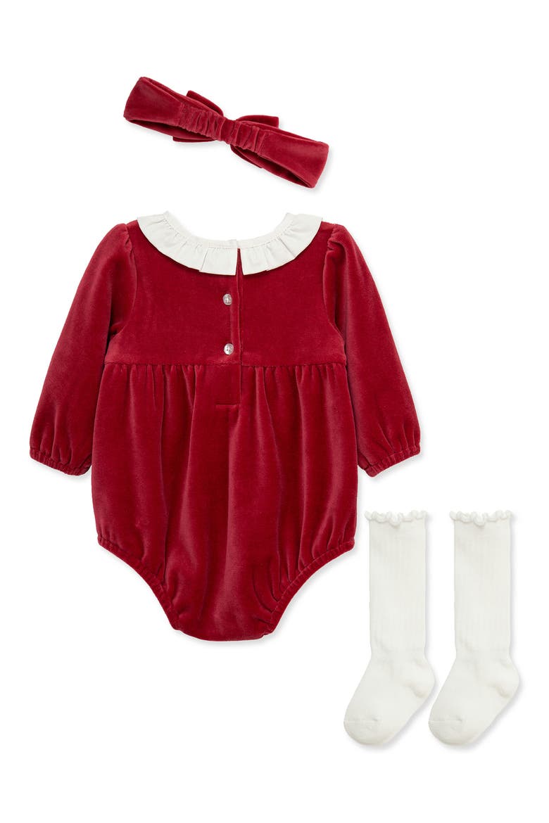 Kids' Bows Bubble Romper, Headband & Socks Set, Alternate, color, RED