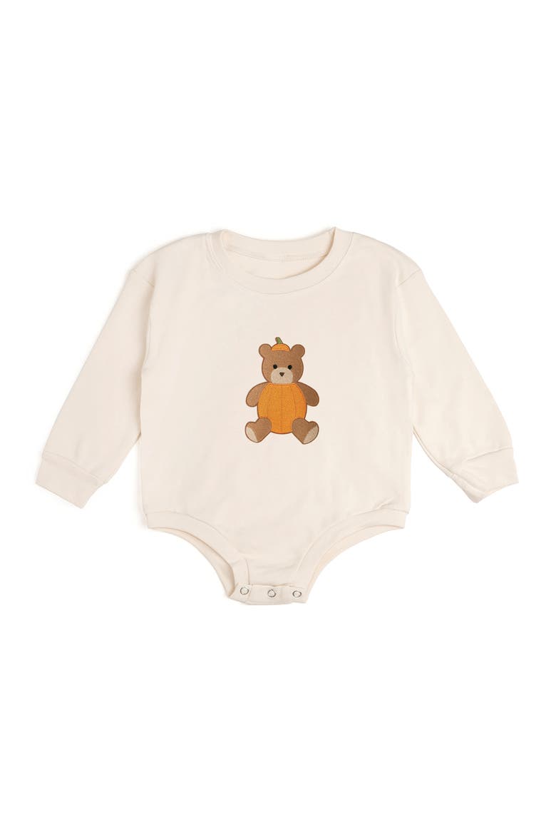 Pumpkin Teddy Bear Patch Long Sleeve Romper, Main, color, Natural