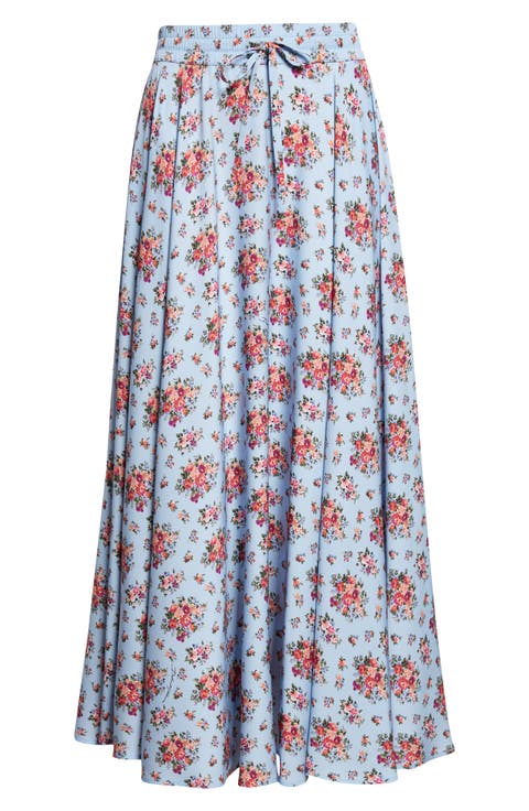 Floral Bouquets Gathered Stretch Charmeuse A-Line Midi Skirt