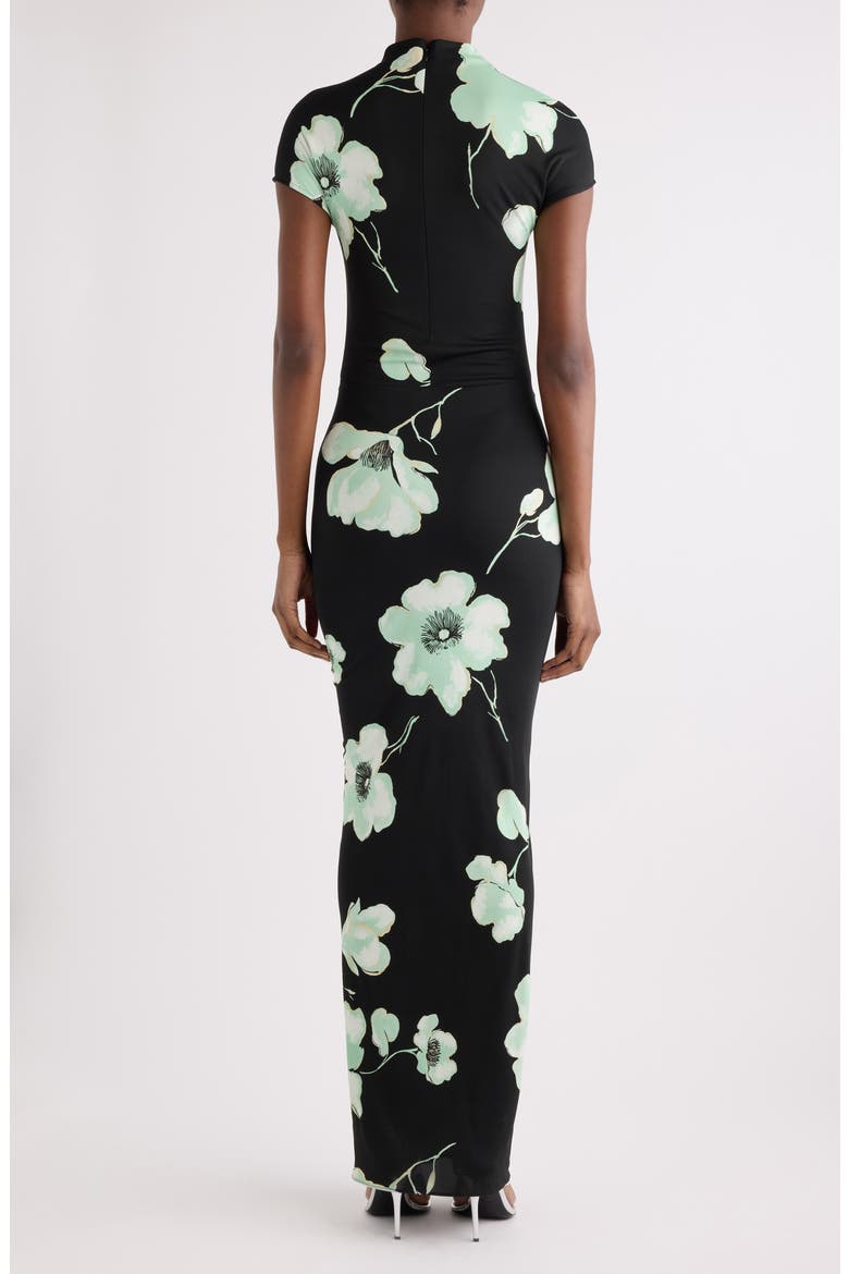 Floral Print Ruched Jersey Dress, Alternate, color, NOIR/ AQUA