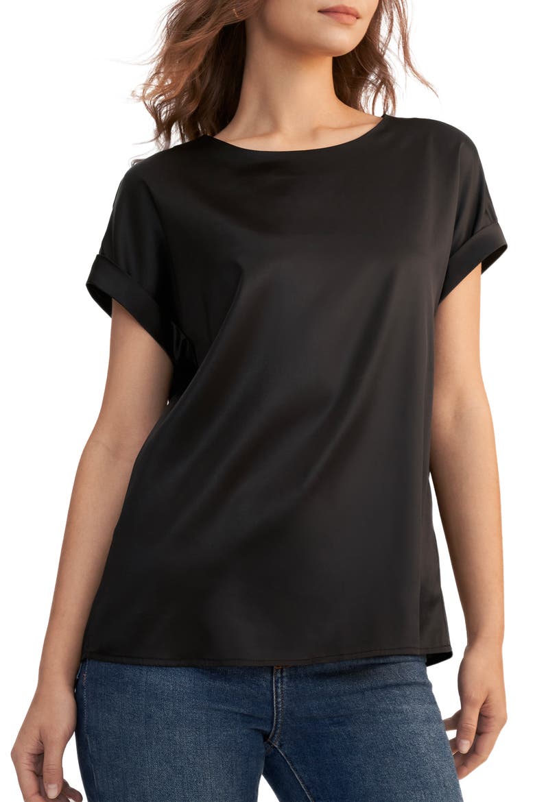 Women's Short Sleeves Round Neck Silk Tee, Main, color, Black