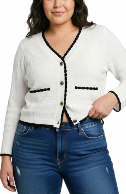 Scallop Trim Cardigan Sweater (Plus)