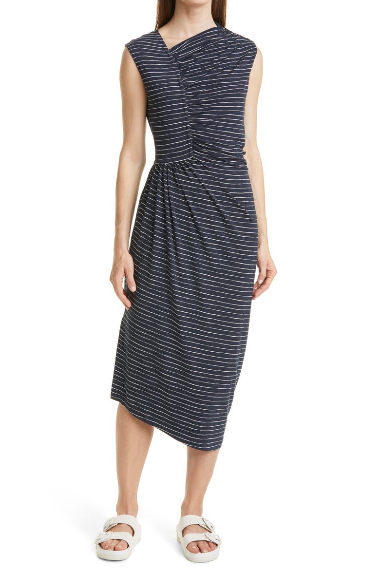 Esay Ruched Asymmetric Neck Midi Dress, Main, color, MIGHTNIGHT FANTASY