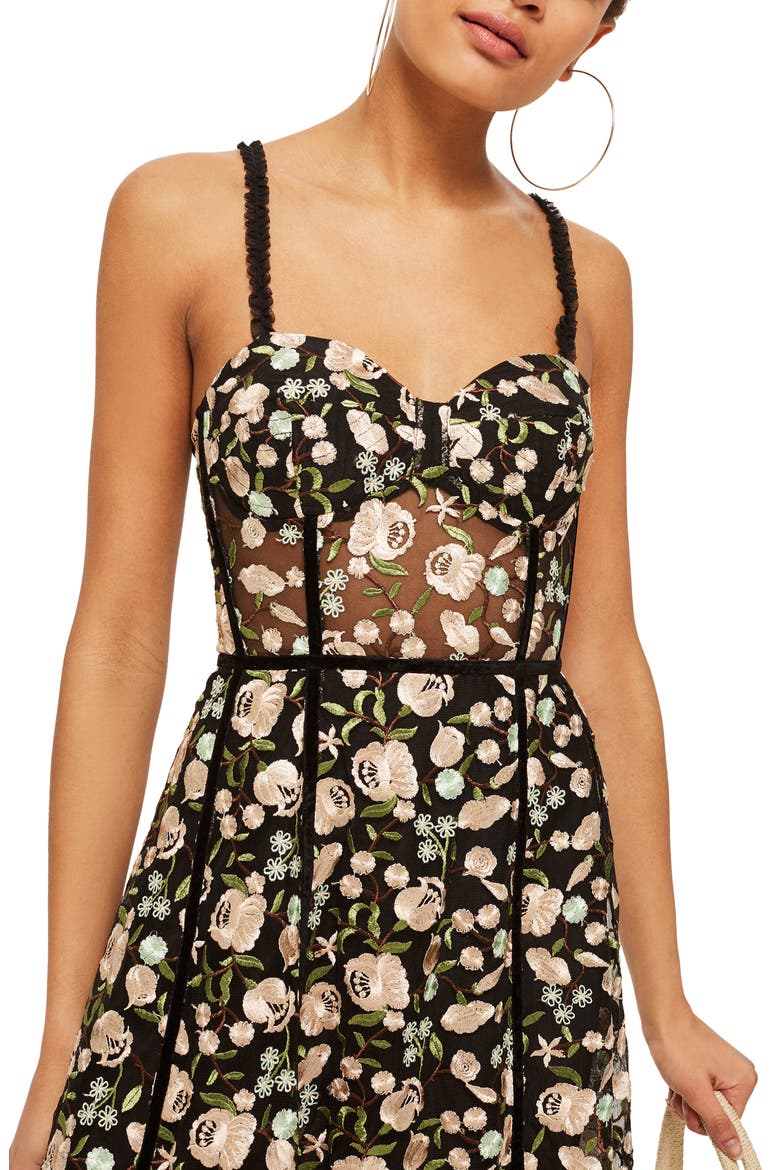Floral Corset Midi Dress, Alternate, color, BLACK MULTI
