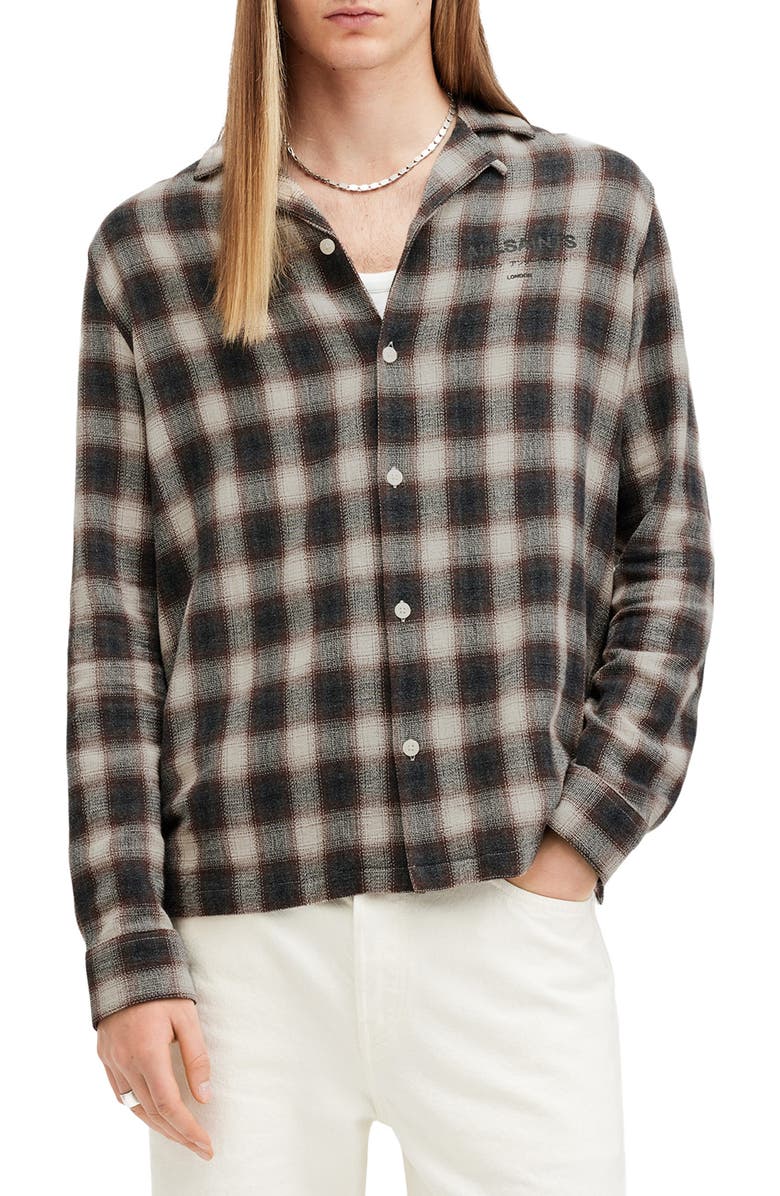 AllSaints Underground Check Long Sleeve Camp Shirt, Main, color, Bison Red