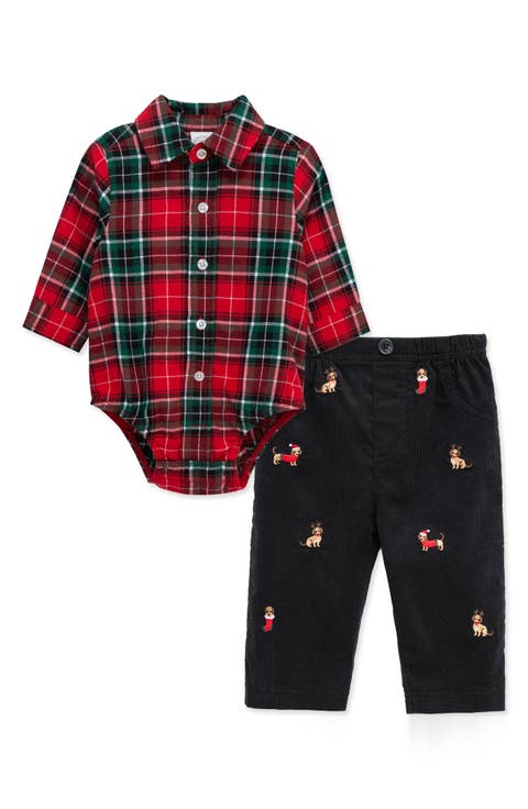 Plaid Bodysuit & Pups Corduroy Pants Set (Baby)