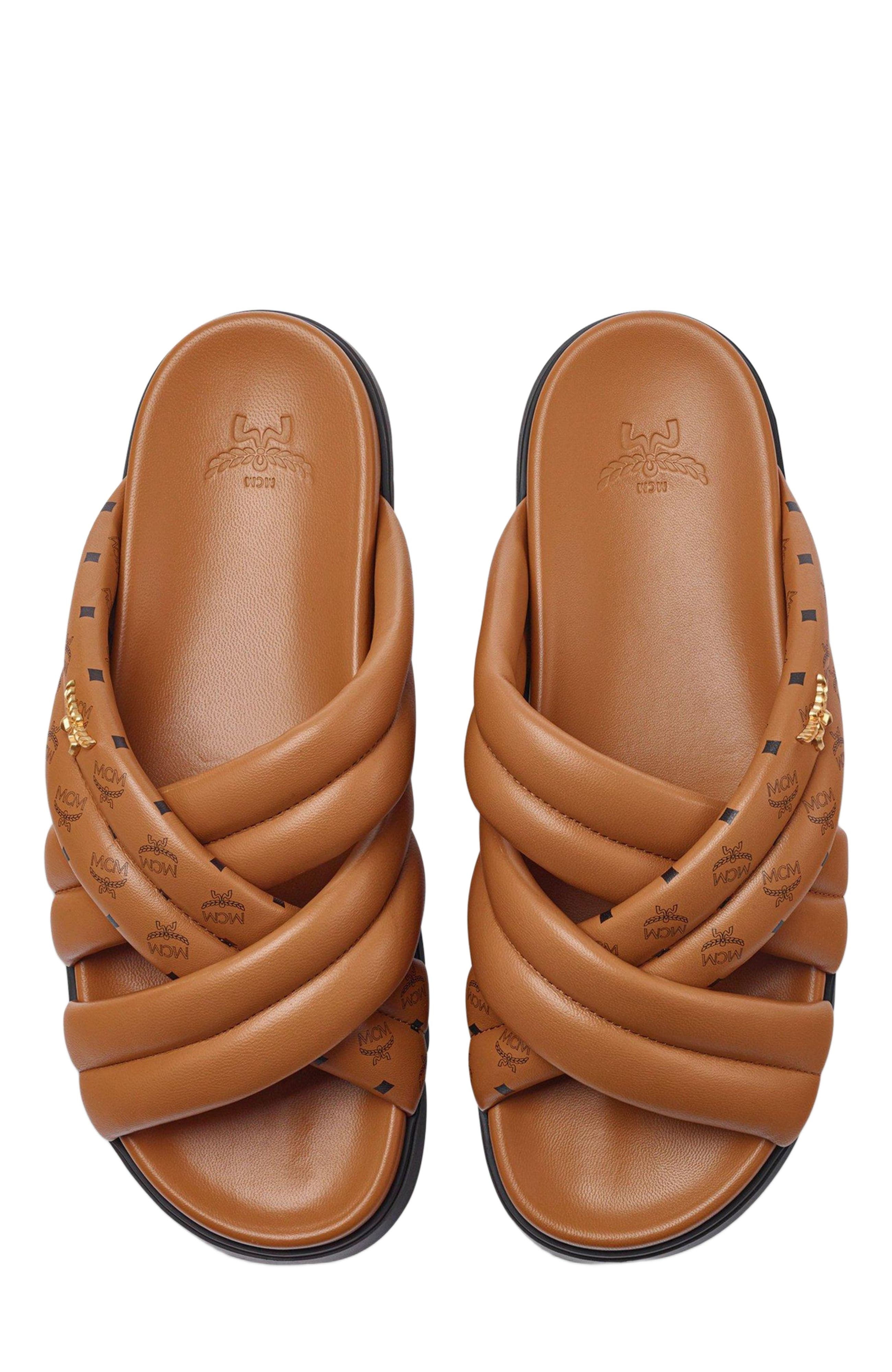 MCM Monogram Print Cross Sandals in Lamb Leather, Alternate, color, Cognac