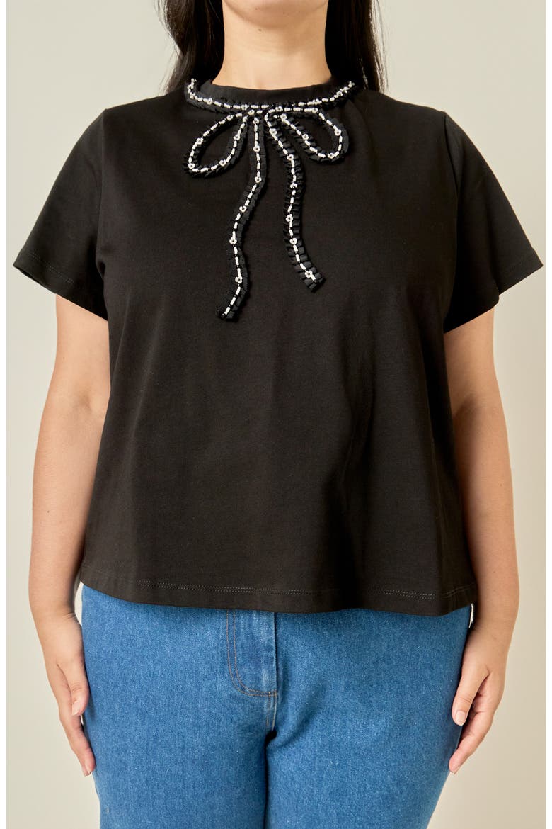 Pearl-Embellished Bow T-Shirt, Alternate, color, BLACK