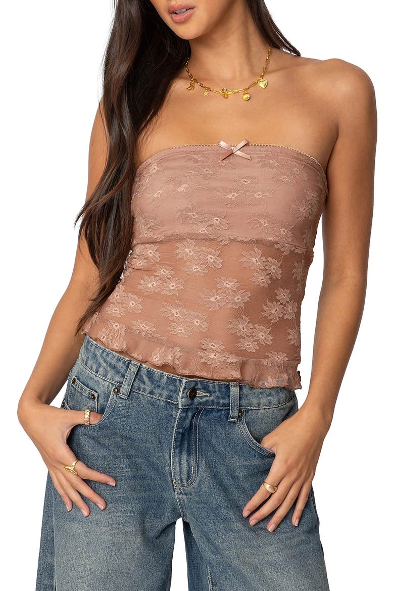 Ballet Floral Lace Crop Tube Top, Main, color, BROWN