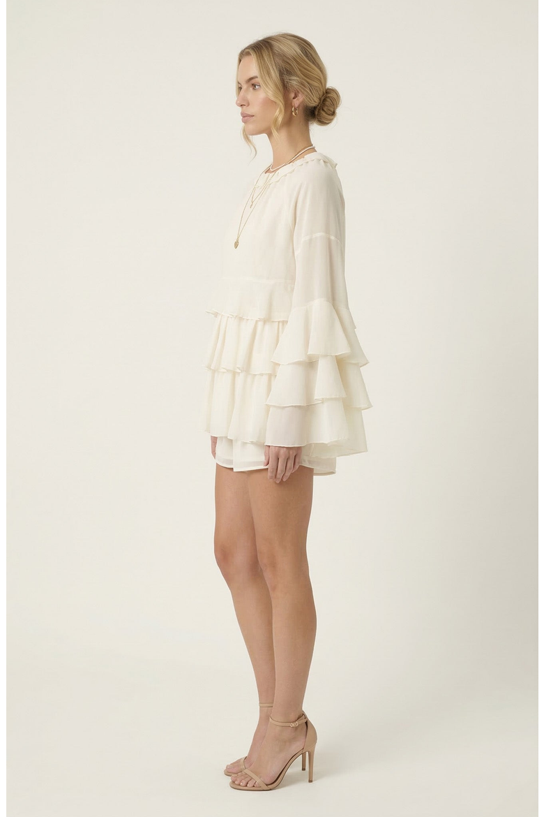 Ruffle Tier Mini Skirt Set with Long Sleeve Blouse, Alternate, color, Ivory