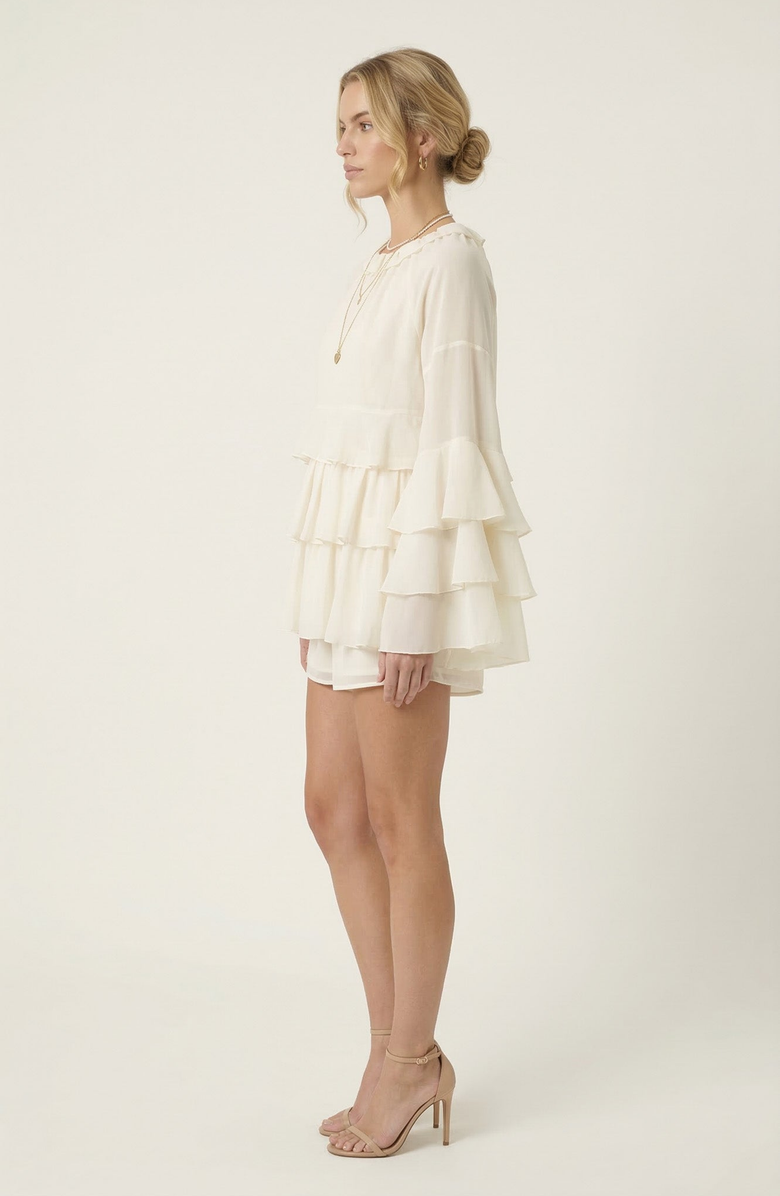 Modenaire Ruffle Tier Mini Skirt Set with Long Sleeve Blouse, Alternate, color, Ivory