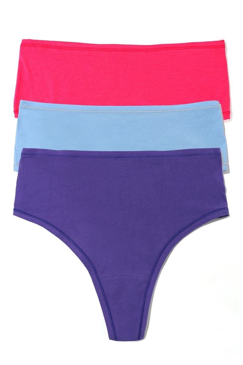 Play Assorted 3-Pack High Waist Thongs, Main, color, MIAMI PINK/ PARTLY CLOUDY BLUE