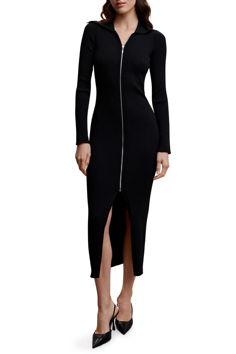 Zip Front Long Sleeve Sweater Dress, Main, color, BLACK