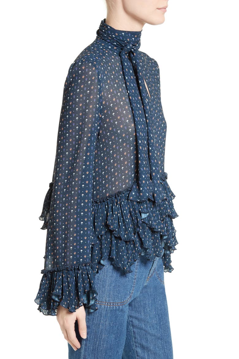 Tie Neck Ruffle Hem Blouse, Alternate, color, DARK NAVY