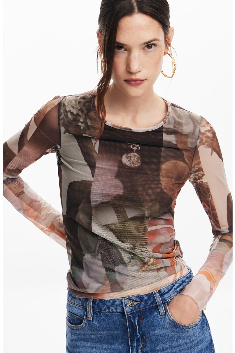 Carson Print Mesh Long Sleeve Top, Alternate, color, BROWN