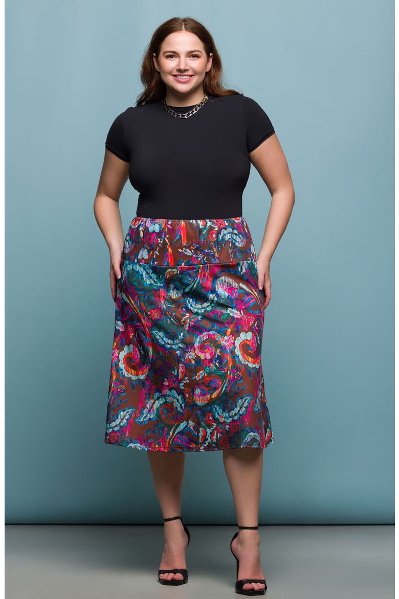 Paisley Print Elastic Waist Midi Skirt, Alternate, color, BROWN MULTI