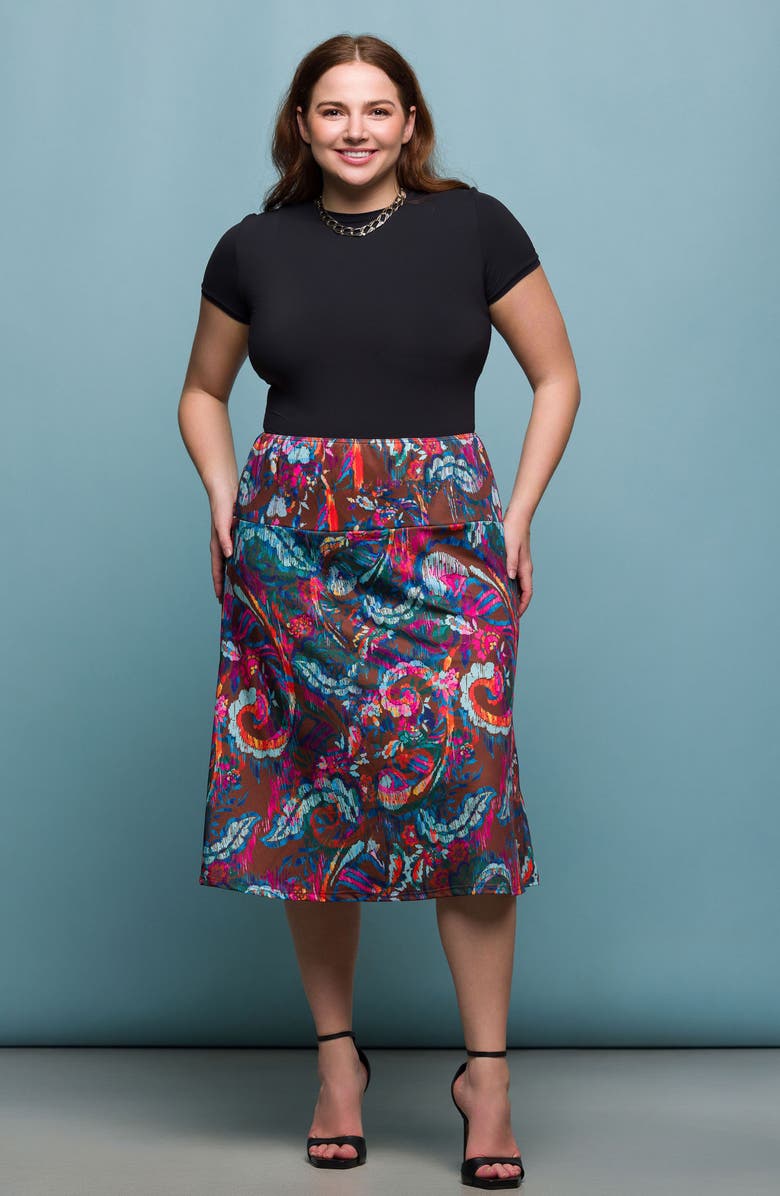 24seven Comfort Apparel Paisley Print Elastic Waist Midi Skirt, Alternate, color, Brown Multi