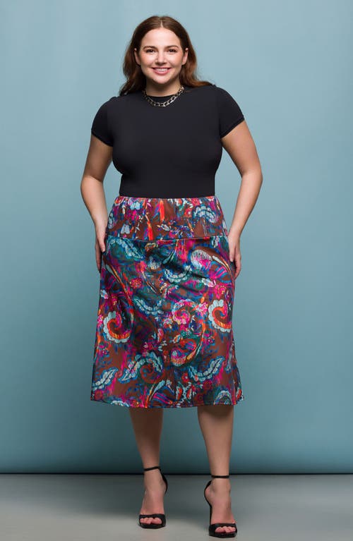 24seven Comfort Apparel Plus Size Print Comfortable Elastic Waist Knee Length Skirt In Brown Multi