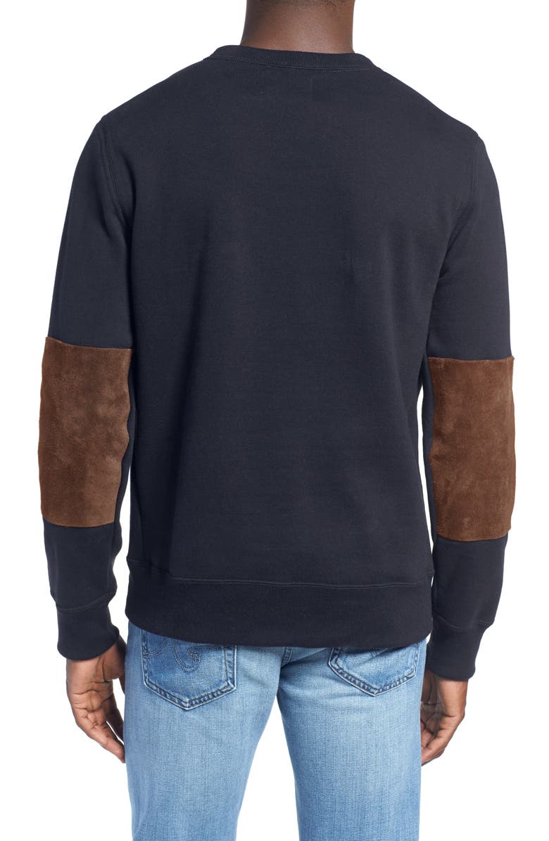 Billy Reid Dover Crewneck Sweatshirt with Leather Elbow Patches, Alternate, color, Dk Midnight