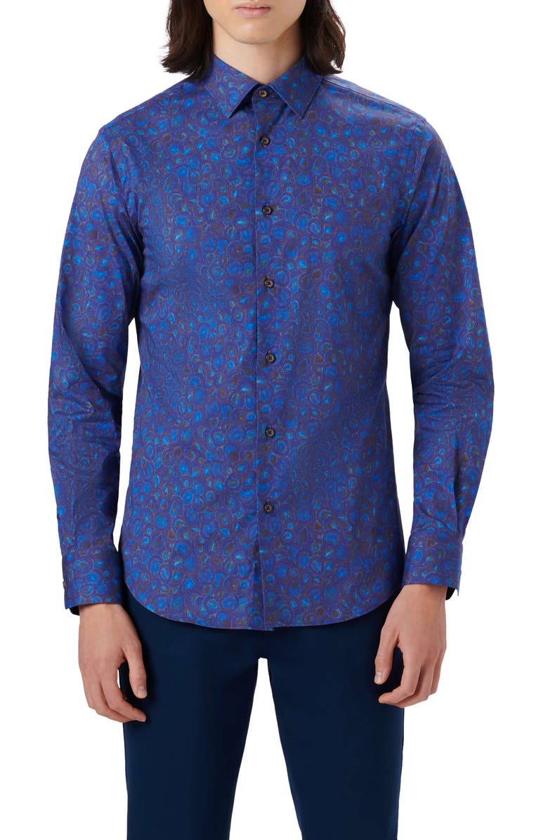 Bugatchi Shaped Fit Geo Print Stretch Cotton Button-Up Shirt, Main, color,