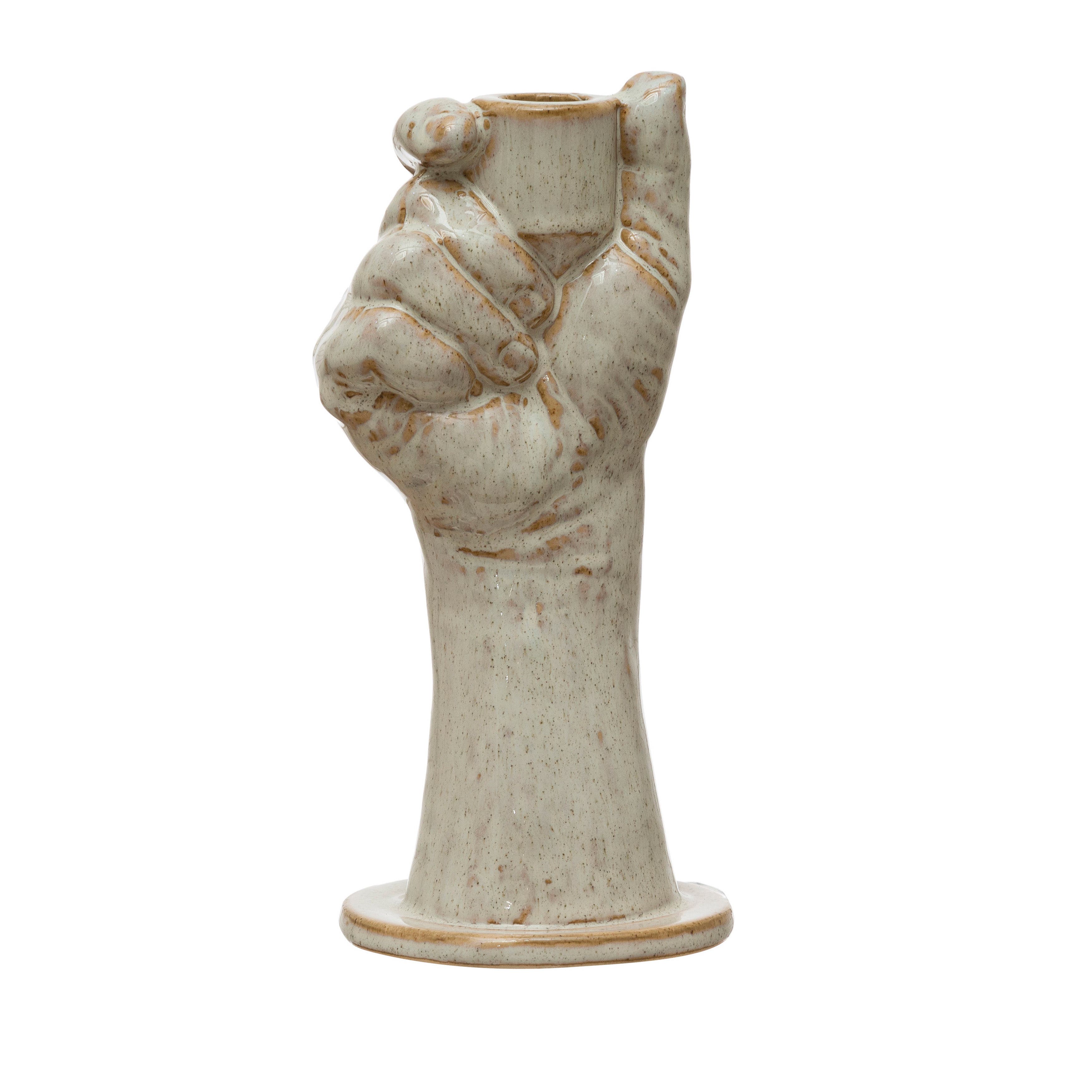 Storied Home Stoneware Hand Taper Holder, Reactive Glaze, Cream Color In Silver