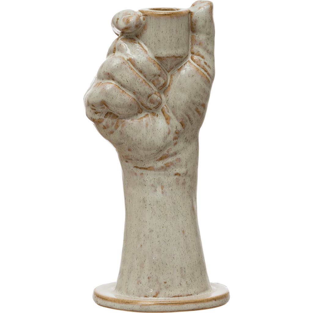 Storied Home Stoneware Hand Taper Holder, Reactive Glaze, Cream Color In Silver