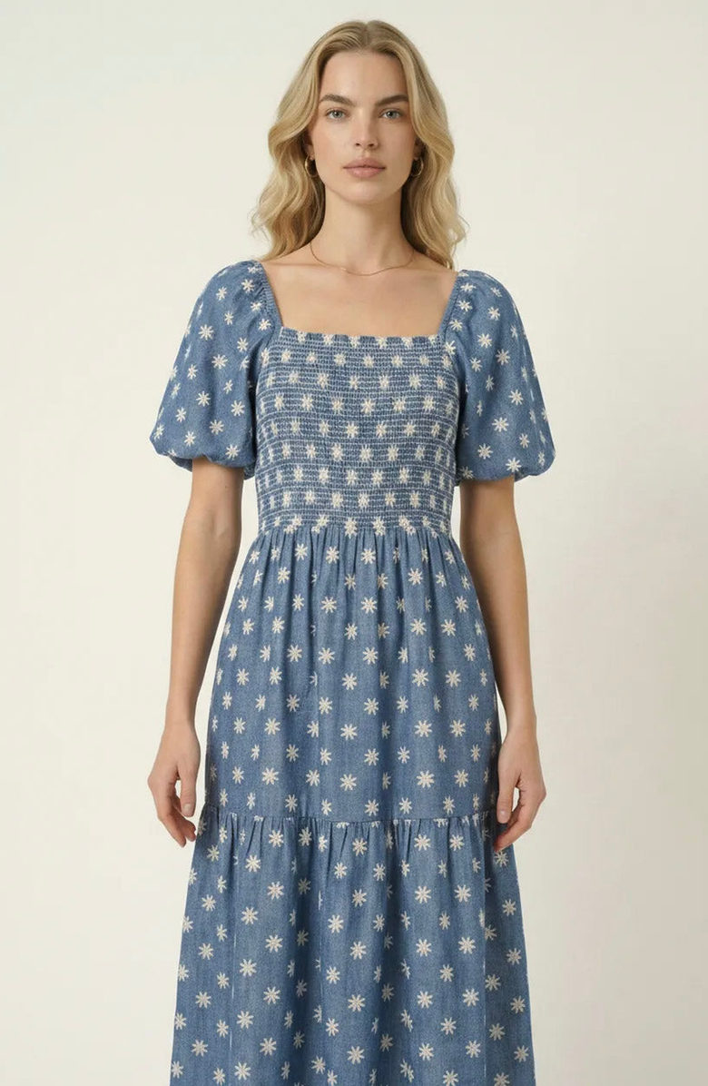 Modenaire Smocked Puff-Sleeve Midi Dress with Tiered Skirt and Pockets, Alternate, color, Blue / White Floral