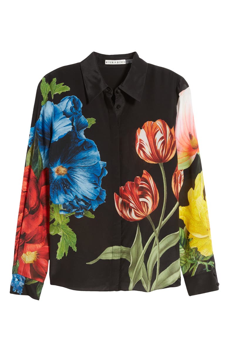 Alice + Olivia Willa Floral Silk Button-Up Shirt, Alternate, color,