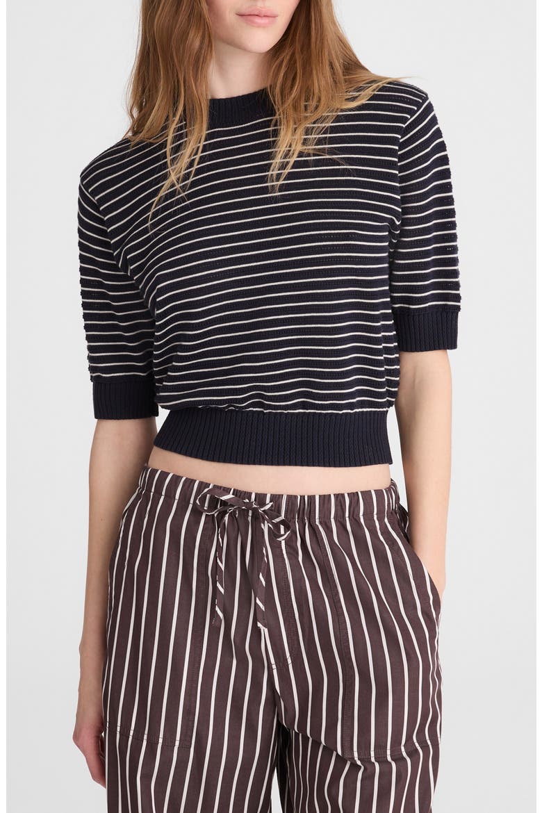 Textural Stitch Cotton Crewneck Sweater, Main, color, NAVY AND IVORY MINI STRIPE