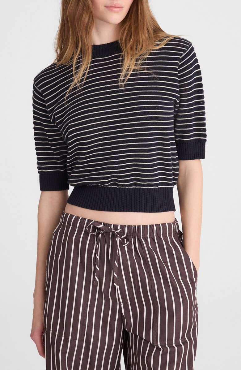 Madewell Textural Stitch Cotton Crewneck Sweater, Main, color, Navy And Ivory Mini Stripe