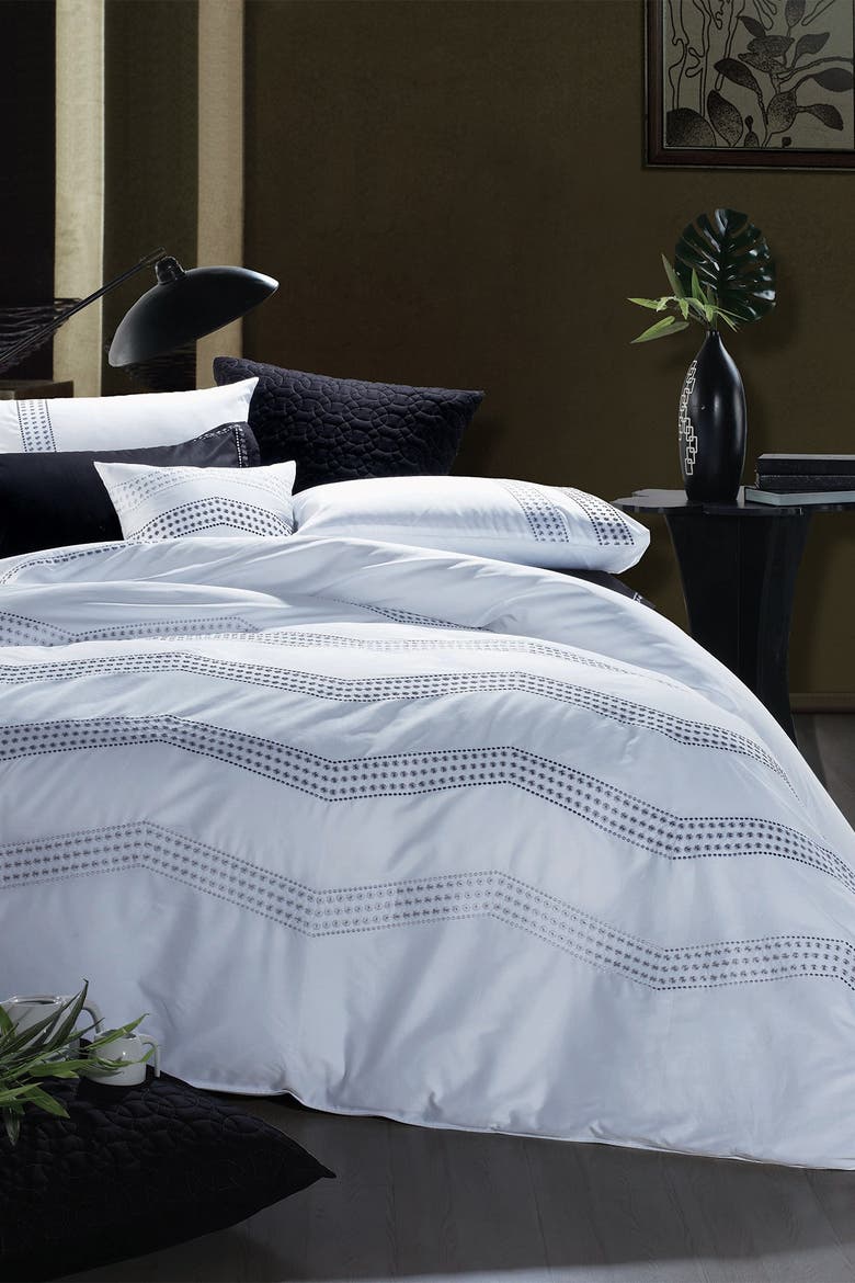 King Vail Embroidered Duvet 3-Piece Set -  White/Grey, Main, color, WHITE/ GREY